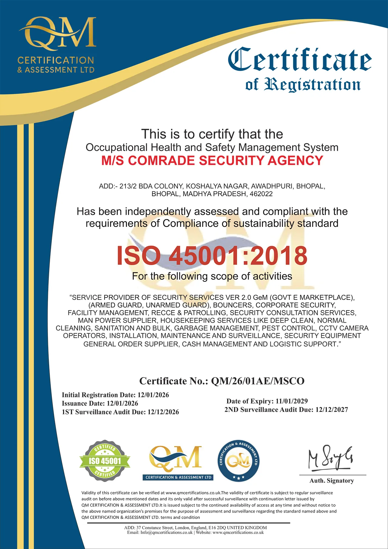 ISO 45001:2018 Occupational Health and Safety Management System certificate