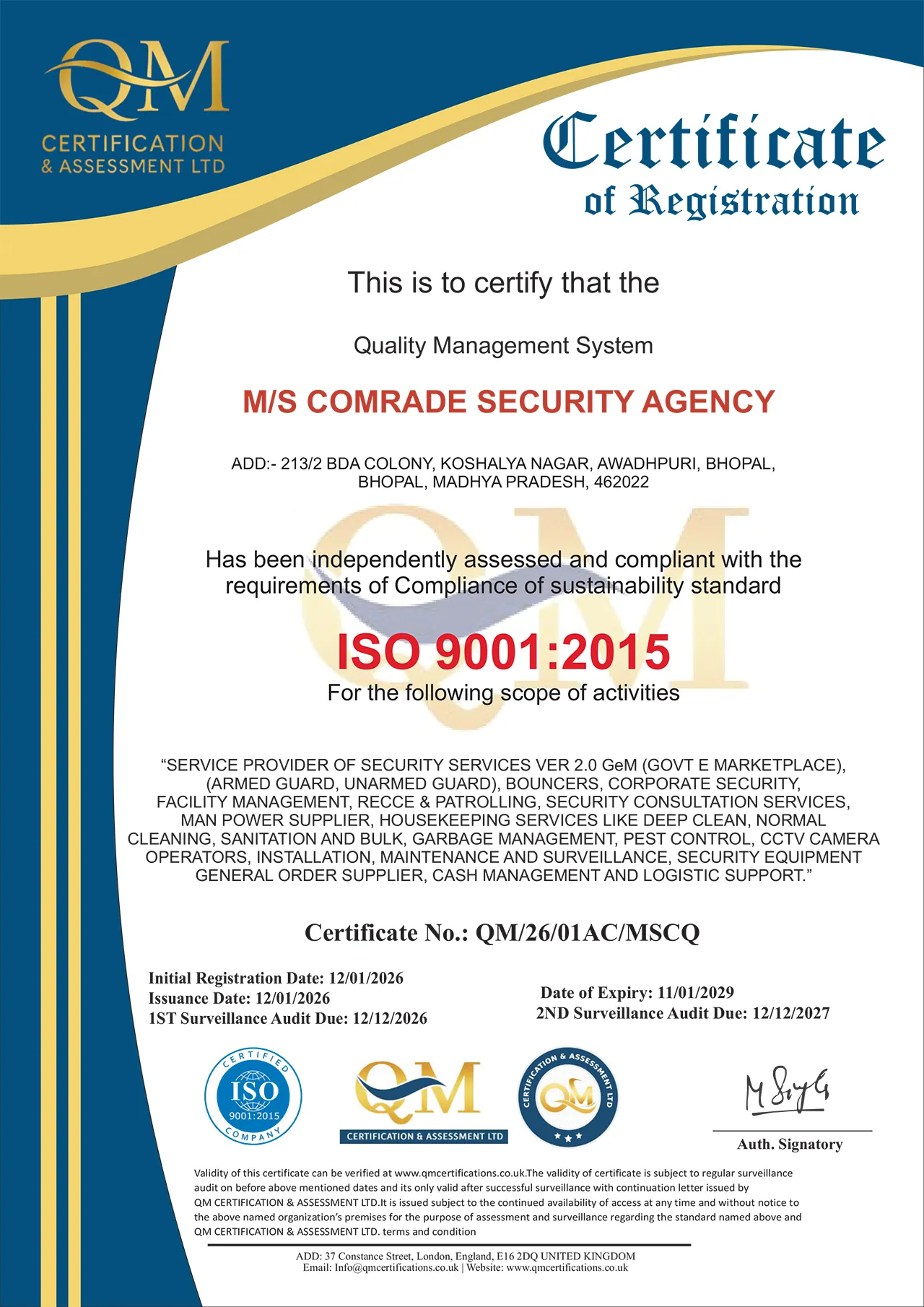 ISO 9001:2015 Quality Management System certificate